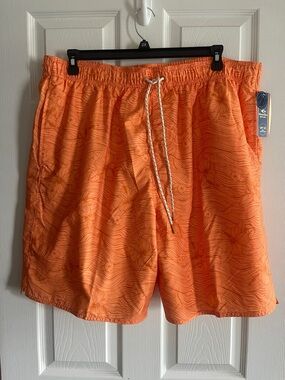 Men's Orange Floral-Print Swim Trunks with Drawstring
